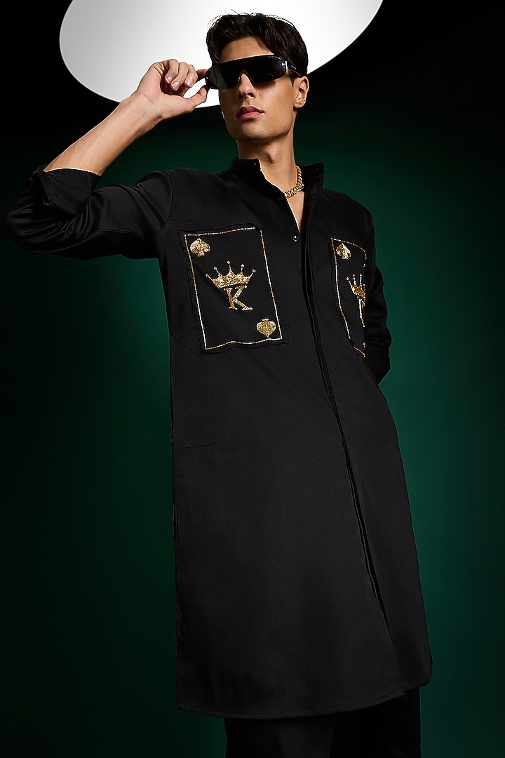 Black Cotton & Satin Hand Embroidered Kurta by Komal Kothari at Pernia's Pop Up Shop