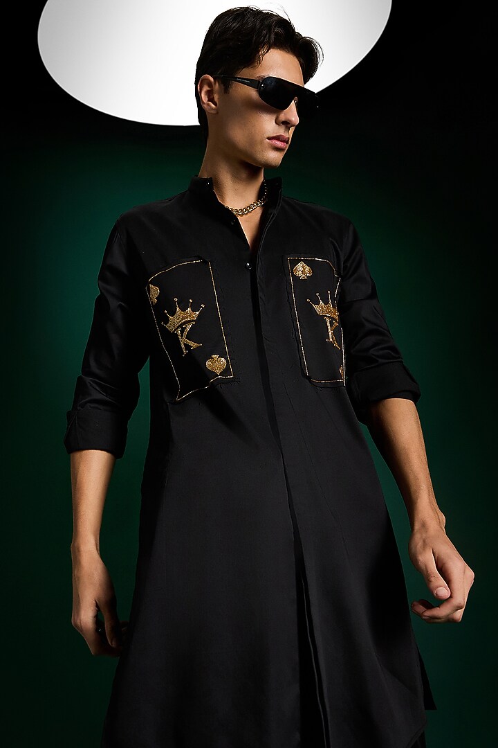 Black Cotton & Satin Hand Embroidered Kurta by Komal Kothari at Pernia's Pop Up Shop