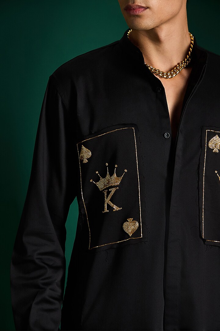 Black Cotton & Satin Hand Embroidered Kurta by Komal Kothari at Pernia's Pop Up Shop