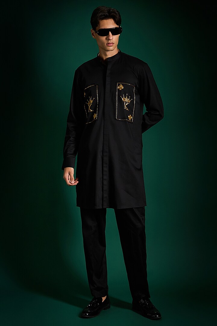 Black Cotton & Satin Hand Embroidered Kurta by Komal Kothari at Pernia's Pop Up Shop