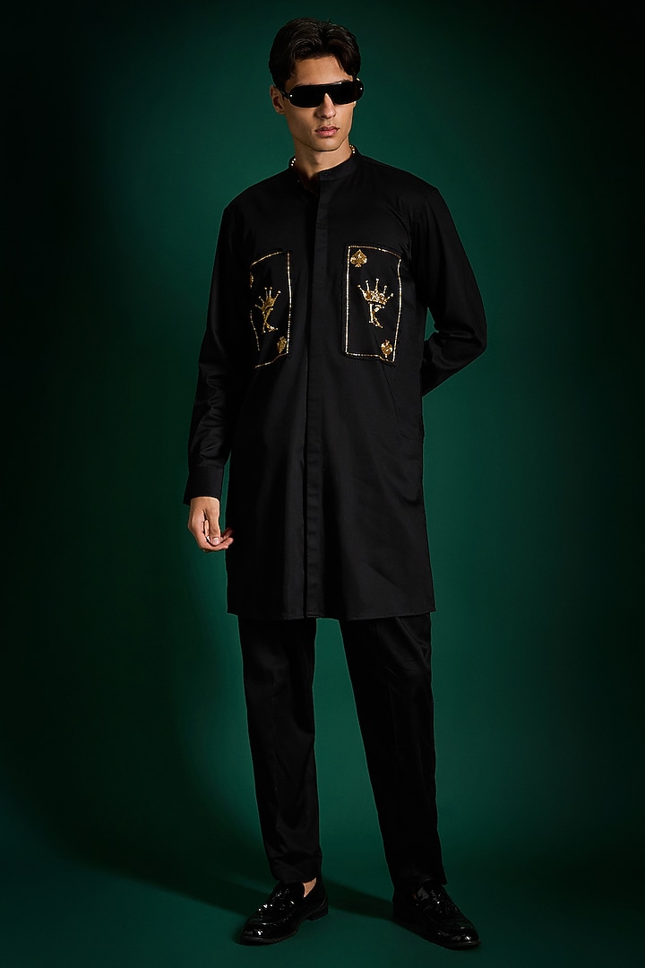 Black Cotton & Satin Hand Embroidered Kurta Set by Komal Kothari at Pernia's Pop Up Shop