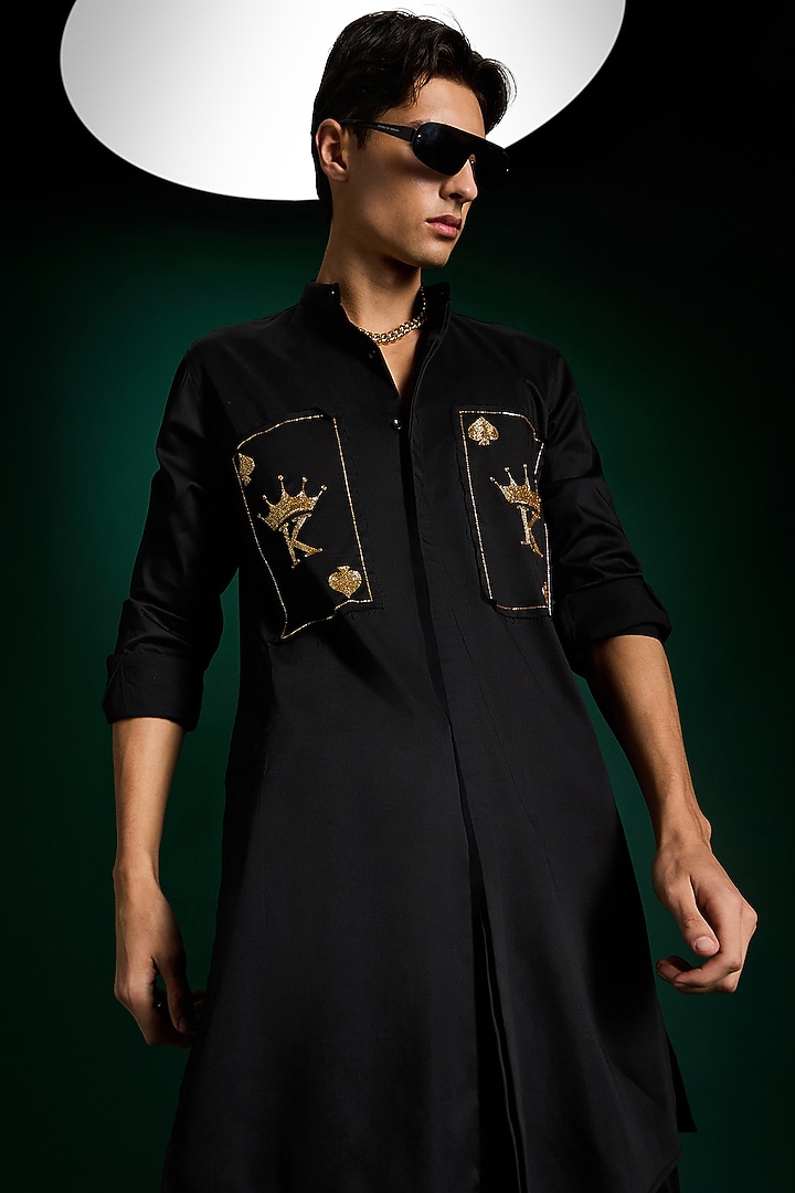 Black Cotton & Satin Hand Embroidered Kurta Set by Komal Kothari at Pernia's Pop Up Shop