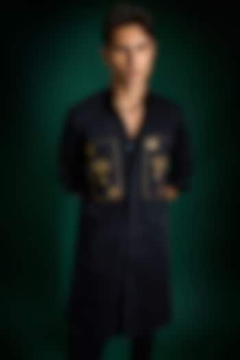 Navy Cotton & Satin Hand Embroidered Kurta by Komal Kothari at Pernia's Pop Up Shop