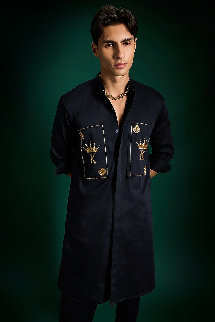 Navy Cotton & Satin Hand Embroidered Kurta by Komal Kothari at Pernia's Pop Up Shop