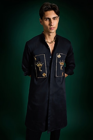 Navy Cotton & Satin Hand Embroidered Kurta by Komal Kothari