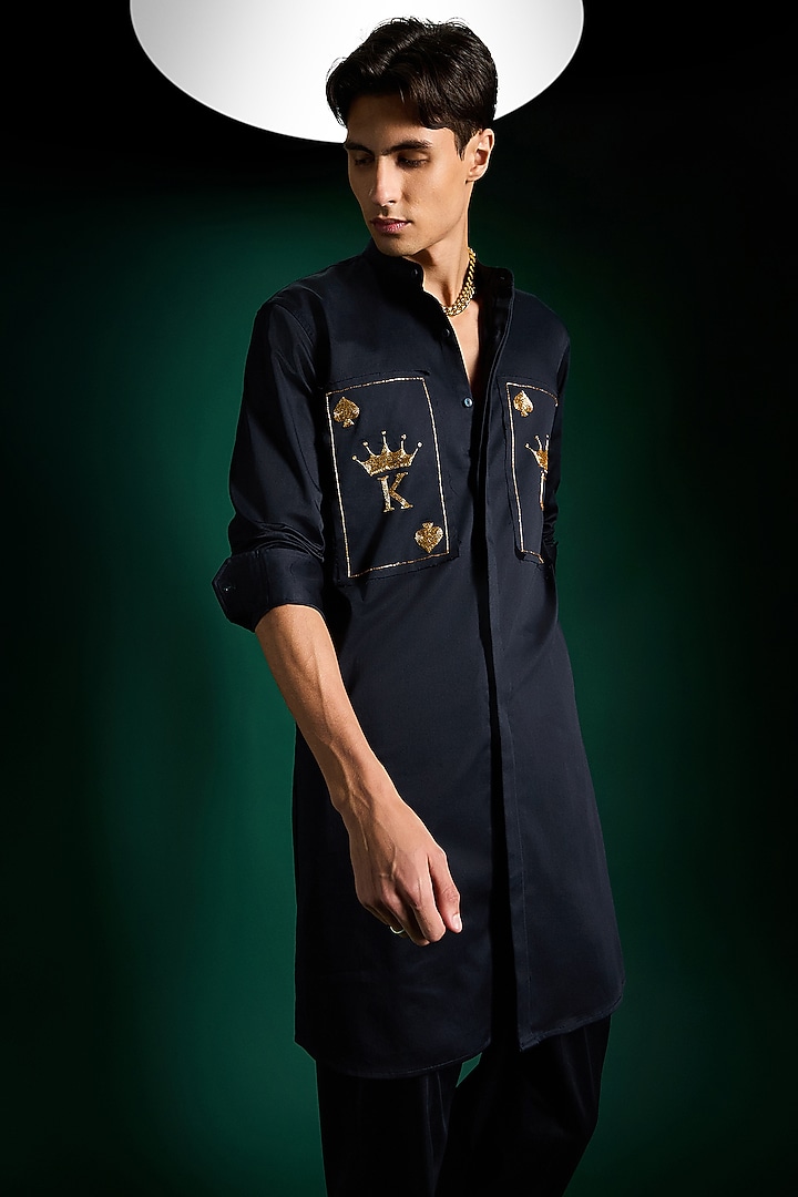 Navy Cotton & Satin Hand Embroidered Kurta by Komal Kothari at Pernia's Pop Up Shop