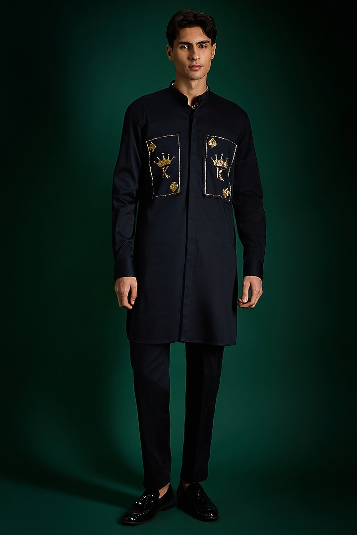 Navy Cotton & Satin Hand Embroidered Kurta Set by Komal Kothari at Pernia's Pop Up Shop