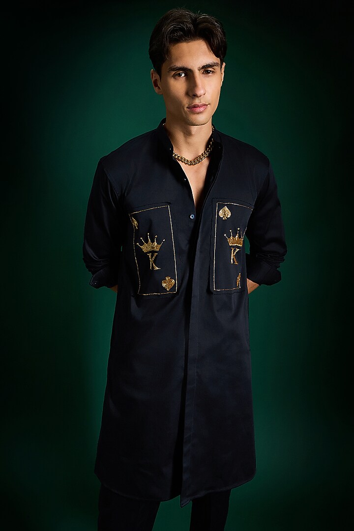 Navy Cotton & Satin Hand Embroidered Kurta Set by Komal Kothari at Pernia's Pop Up Shop