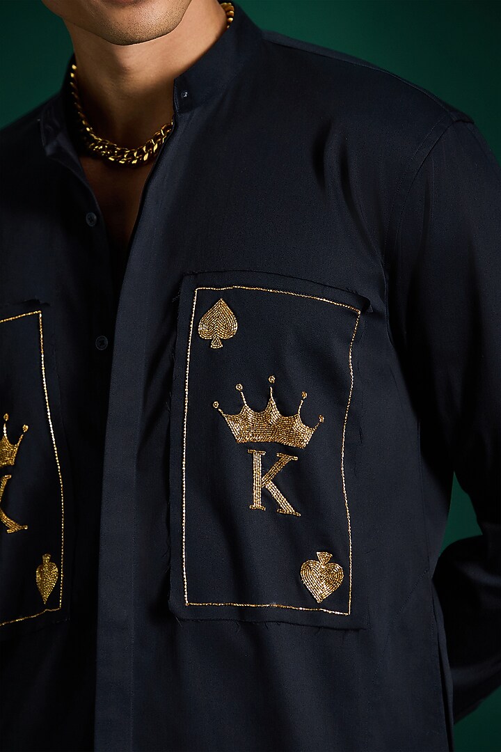 Navy Cotton & Satin Hand Embroidered Kurta Set by Komal Kothari at Pernia's Pop Up Shop