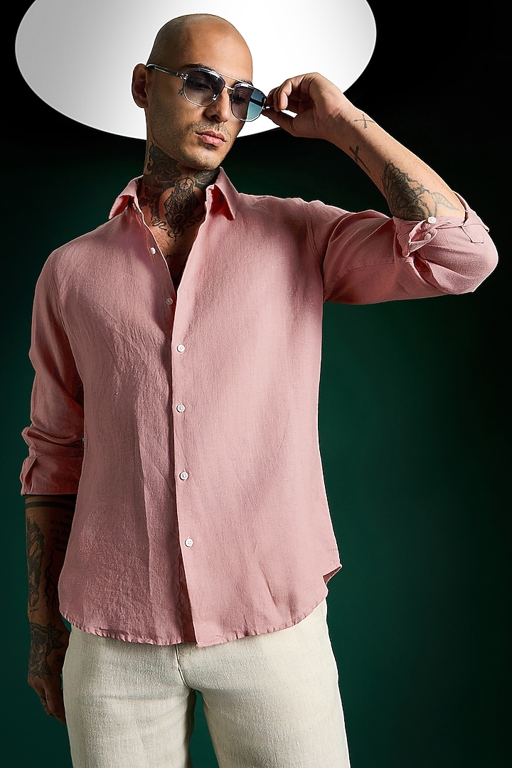 Salmon Pink Linen Party Wear Shirt by Komal Kothari at Pernia's Pop Up Shop