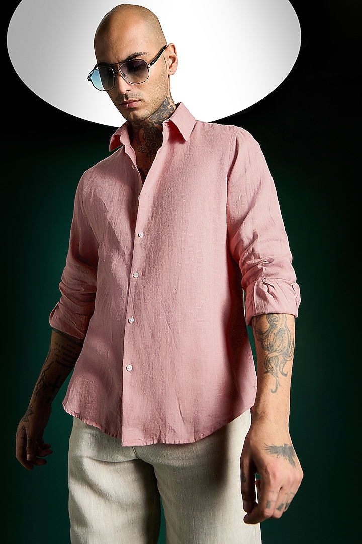 Salmon Pink Linen Party Wear Shirt by Komal Kothari at Pernia's Pop Up Shop