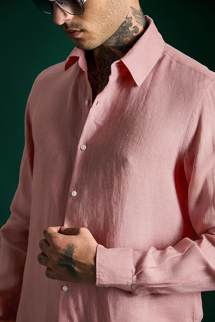 Salmon Pink Linen Party Wear Shirt by Komal Kothari at Pernia's Pop Up Shop