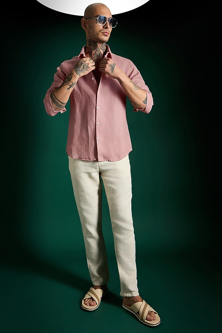 Salmon Pink Linen Party Wear Shirt by Komal Kothari at Pernia's Pop Up Shop