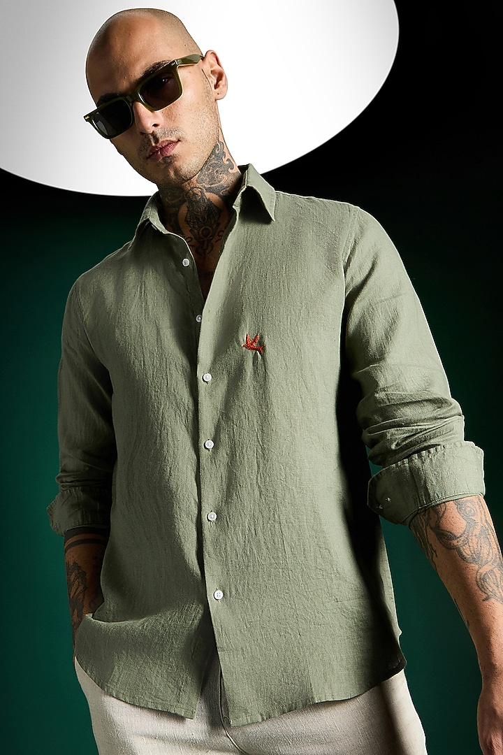 Olive Green Linen Party Wear Shirt by Komal Kothari at Pernia's Pop Up Shop