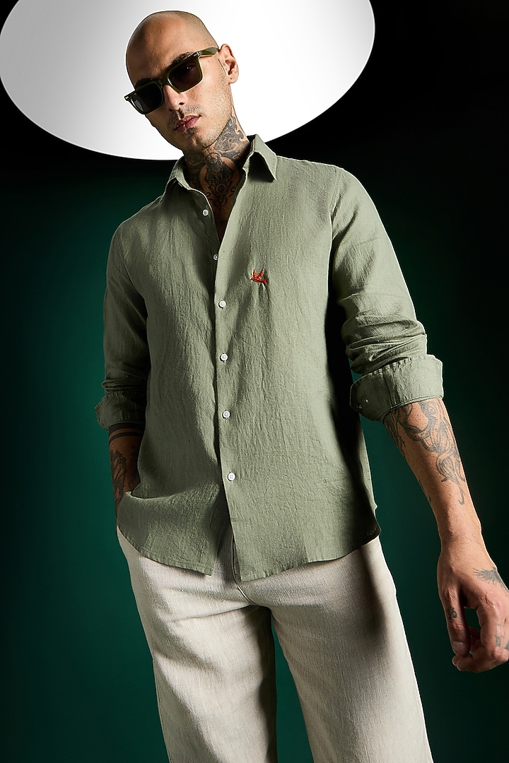 Olive Green Linen Party Wear Shirt by Komal Kothari at Pernia's Pop Up Shop