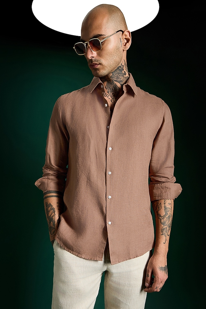 Mocha Brown Linen Party Wear Shirt by Komal Kothari at Pernia's Pop Up Shop