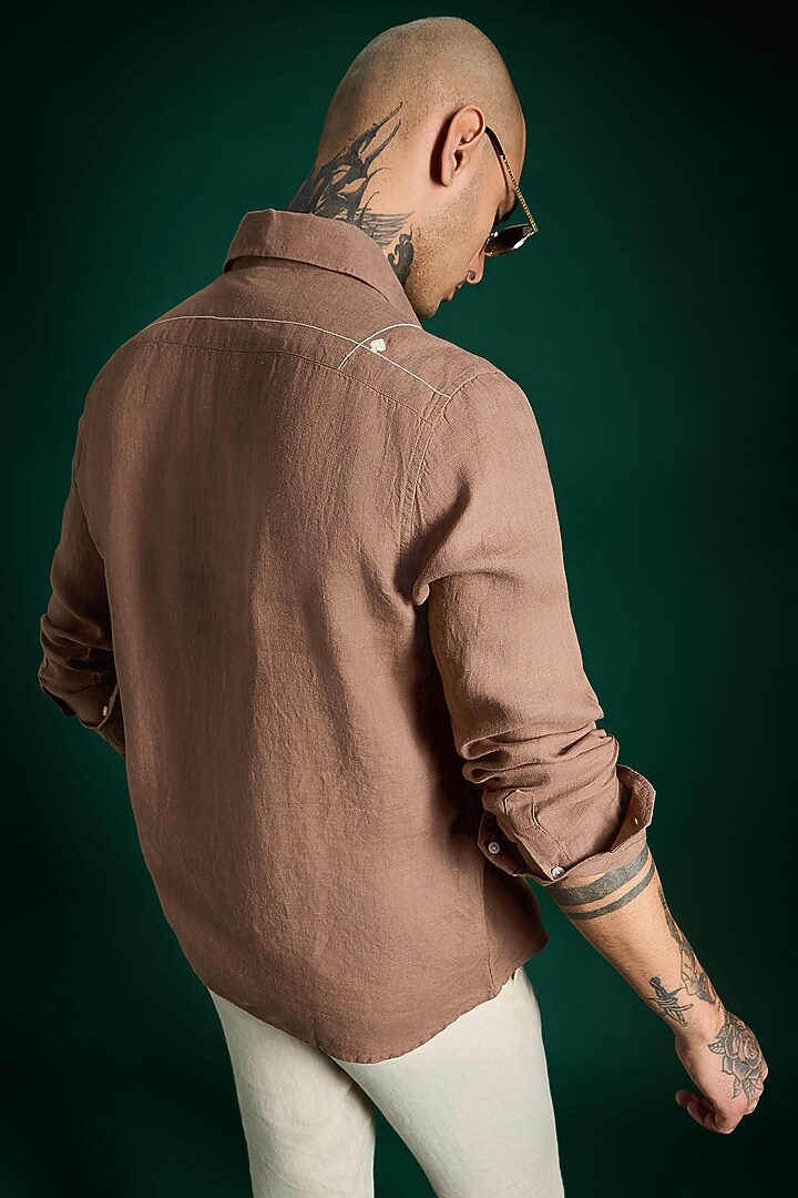 Mocha Brown Linen Party Wear Shirt by Komal Kothari at Pernia's Pop Up Shop