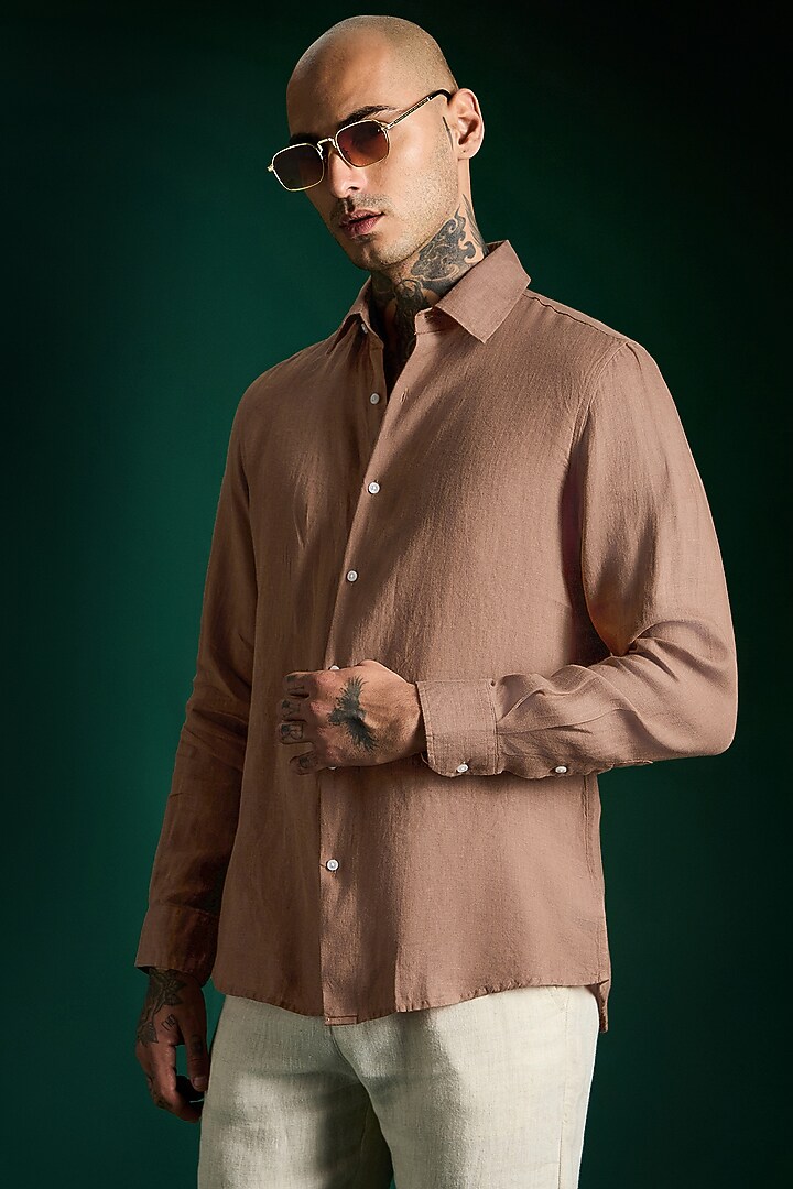 Mocha Brown Linen Party Wear Shirt by Komal Kothari at Pernia's Pop Up Shop
