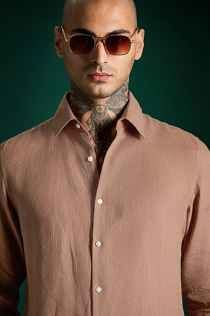 Mocha Brown Linen Party Wear Shirt by Komal Kothari at Pernia's Pop Up Shop
