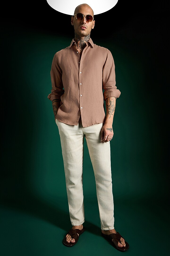 Mocha Brown Linen Party Wear Shirt by Komal Kothari at Pernia's Pop Up Shop