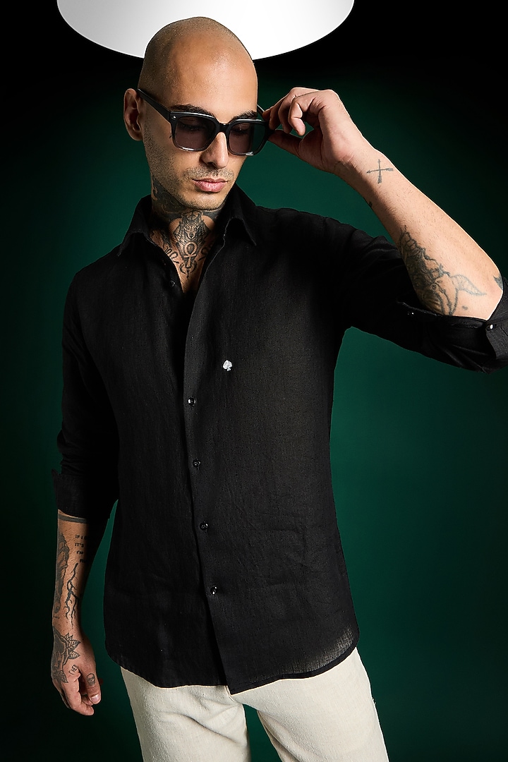 Black Linen Party Wear Shirt by Komal Kothari at Pernia's Pop Up Shop