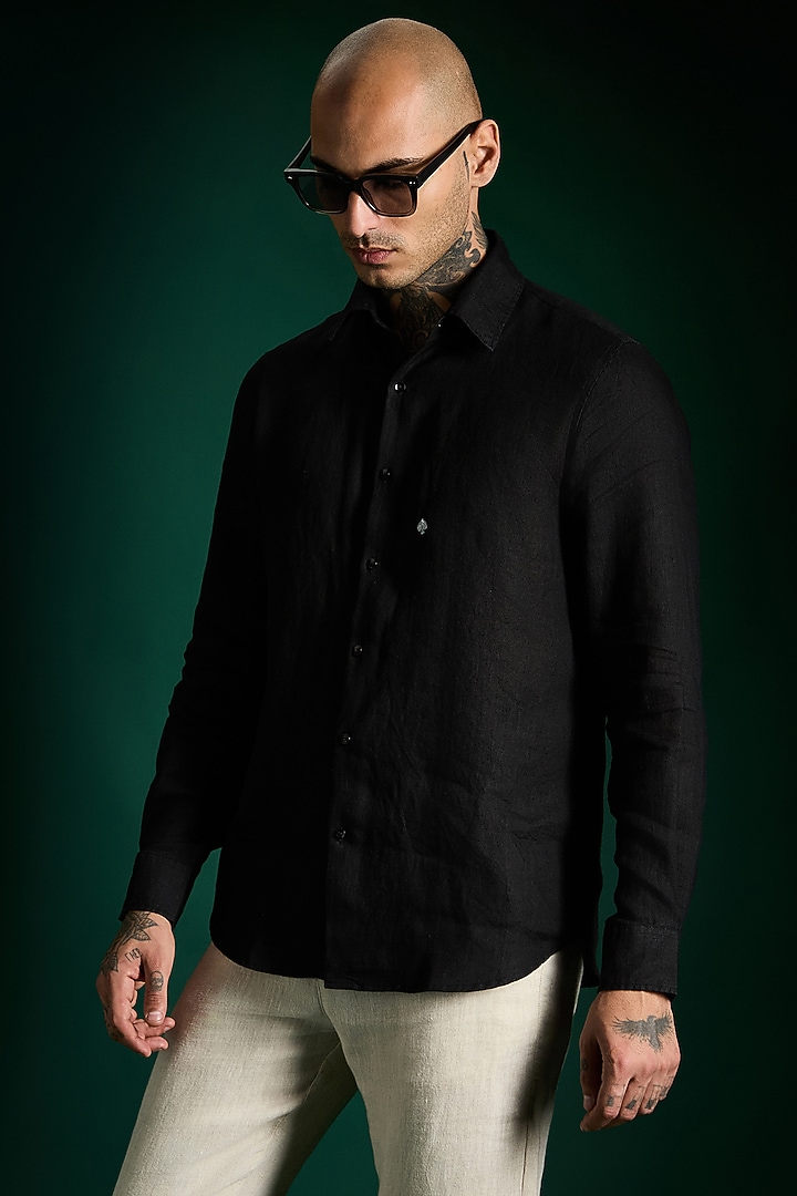 Black Linen Party Wear Shirt by Komal Kothari at Pernia's Pop Up Shop