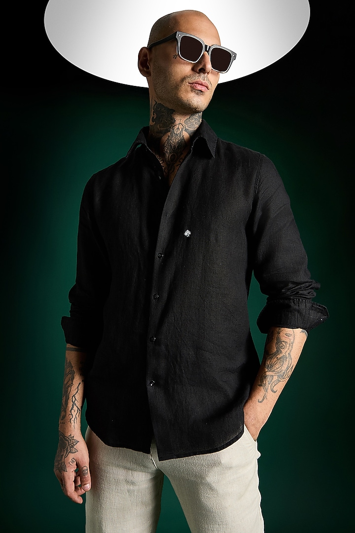 Black Linen Party Wear Shirt by Komal Kothari at Pernia's Pop Up Shop