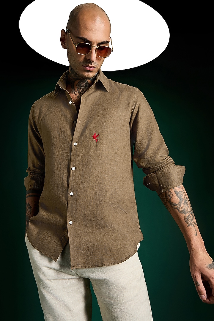 Cocoa Brown Linen Party Wear Shirt by Komal Kothari at Pernia's Pop Up Shop