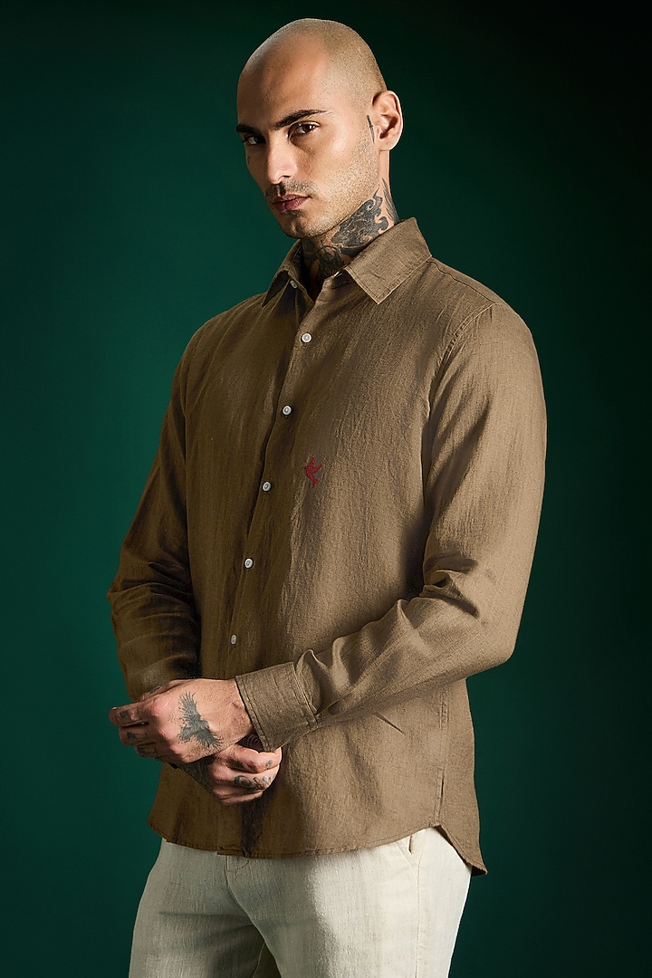 Cocoa Brown Linen Party Wear Shirt by Komal Kothari at Pernia's Pop Up Shop