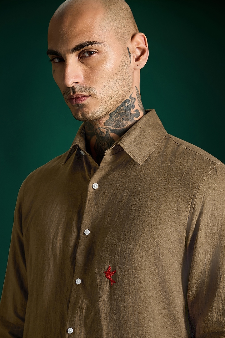 Cocoa Brown Linen Party Wear Shirt by Komal Kothari at Pernia's Pop Up Shop