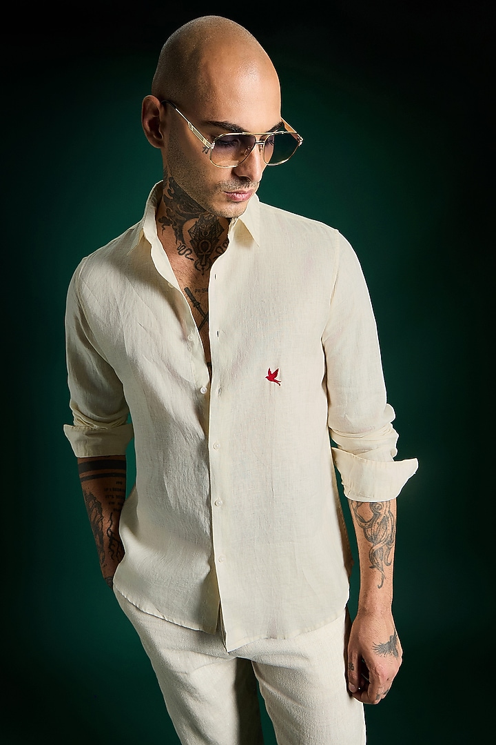 Ivory Linen Party Wear Shirt by Komal Kothari at Pernia's Pop Up Shop