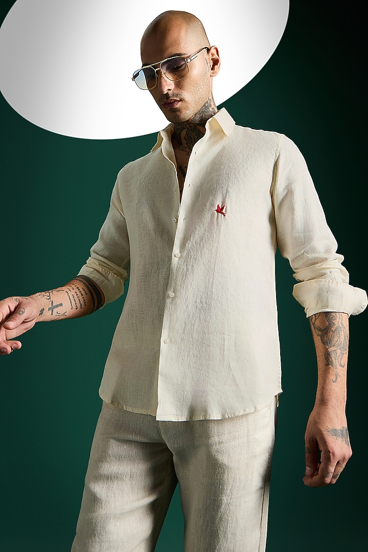 Ivory Linen Party Wear Shirt by Komal Kothari at Pernia's Pop Up Shop