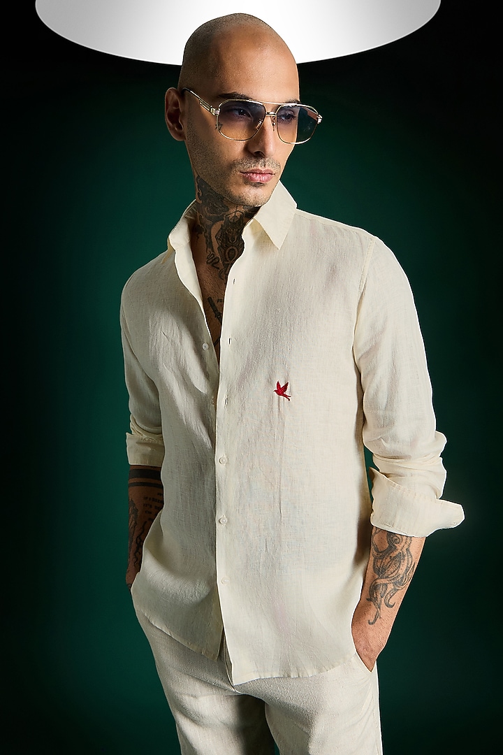 Ivory Linen Party Wear Shirt by Komal Kothari at Pernia's Pop Up Shop