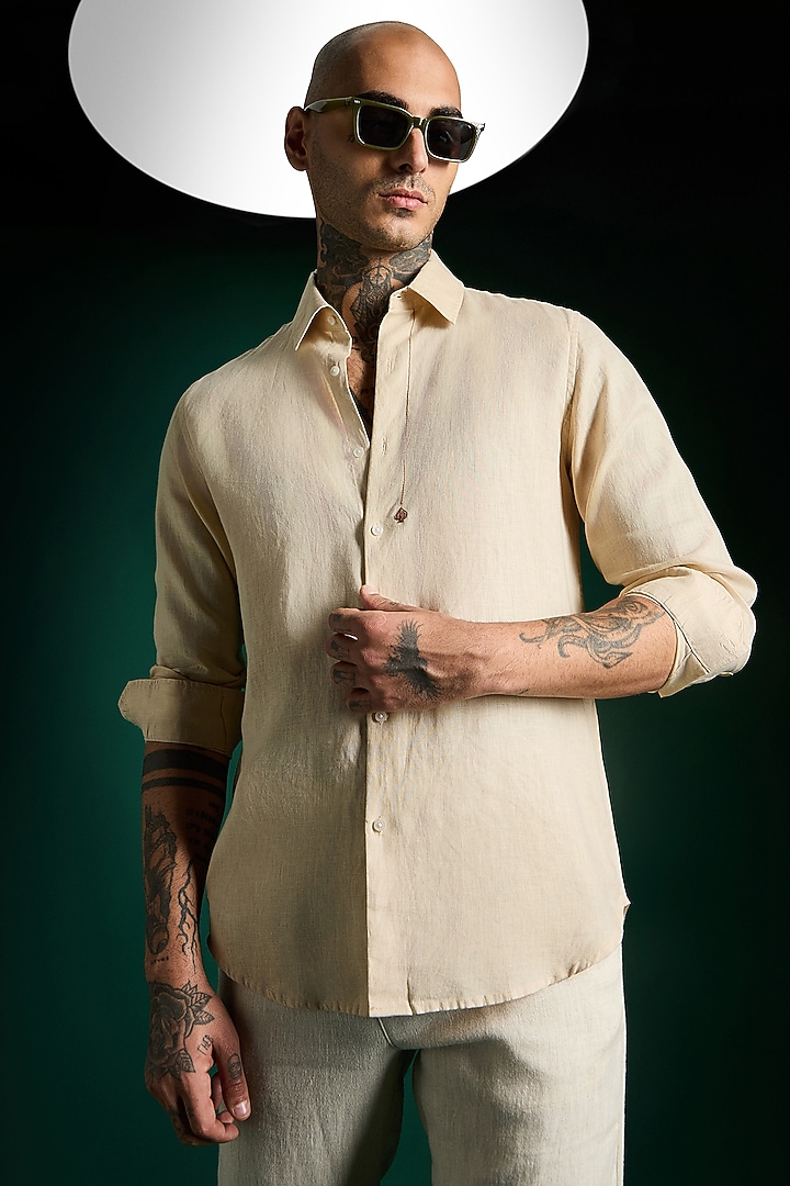 Beige Linen Party Wear Shirt by Komal Kothari at Pernia's Pop Up Shop