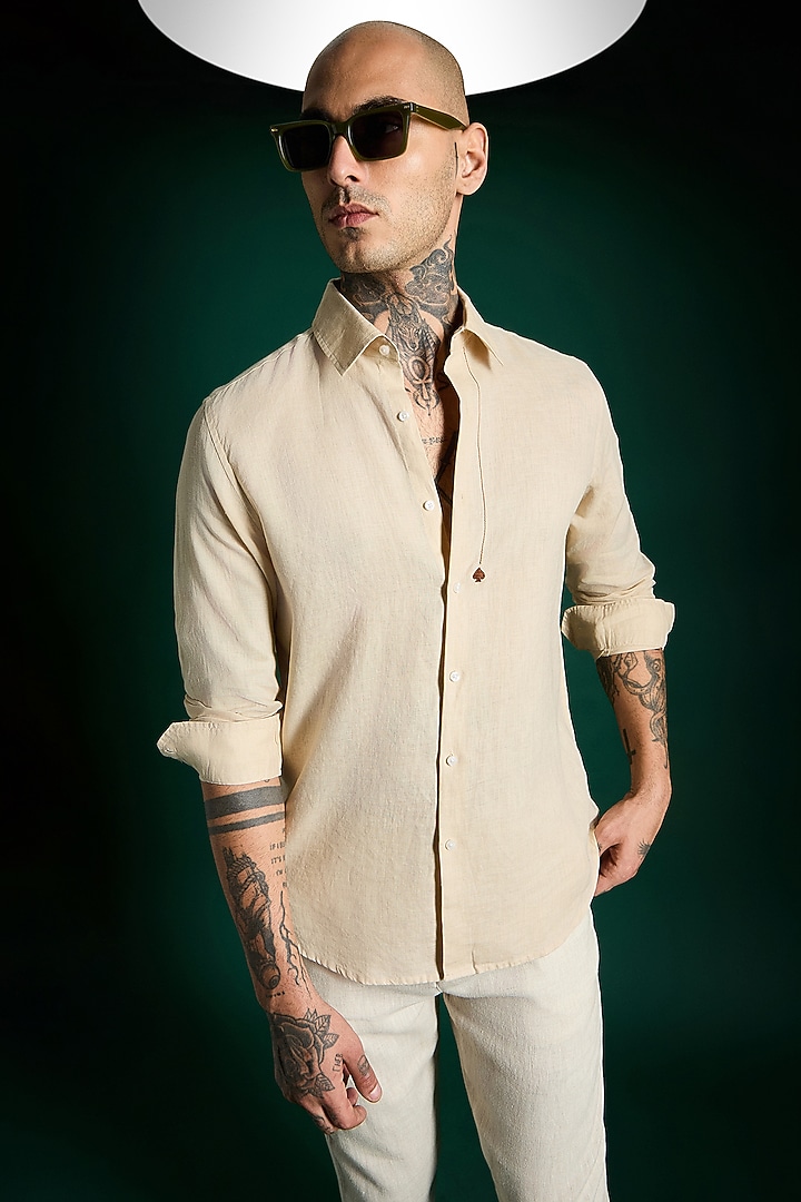 Beige Linen Party Wear Shirt by Komal Kothari at Pernia's Pop Up Shop