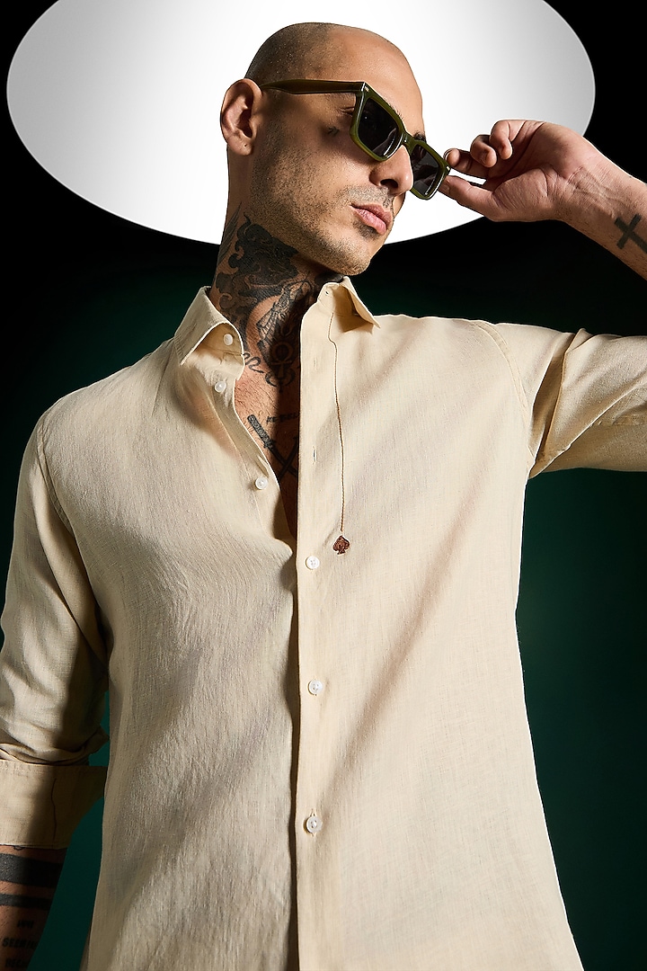 Beige Linen Party Wear Shirt by Komal Kothari at Pernia's Pop Up Shop
