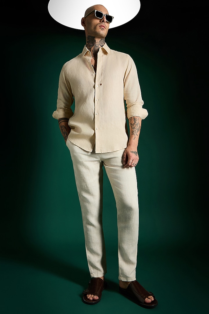 Beige Linen Party Wear Shirt by Komal Kothari at Pernia's Pop Up Shop