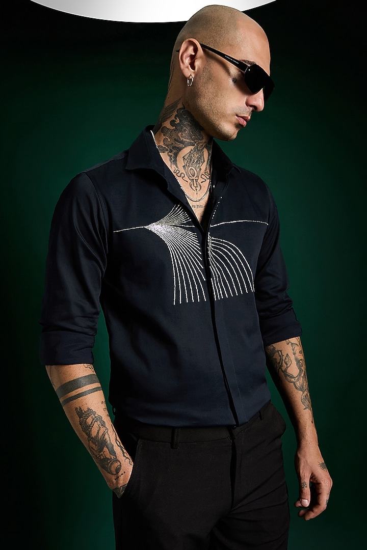 Navy Stretch Cotton Satin Hand Embroidered Party Wear Shirt by Komal Kothari at Pernia's Pop Up Shop