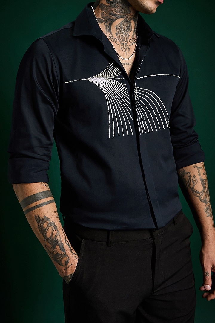 Navy Stretch Cotton Satin Hand Embroidered Party Wear Shirt by Komal Kothari at Pernia's Pop Up Shop