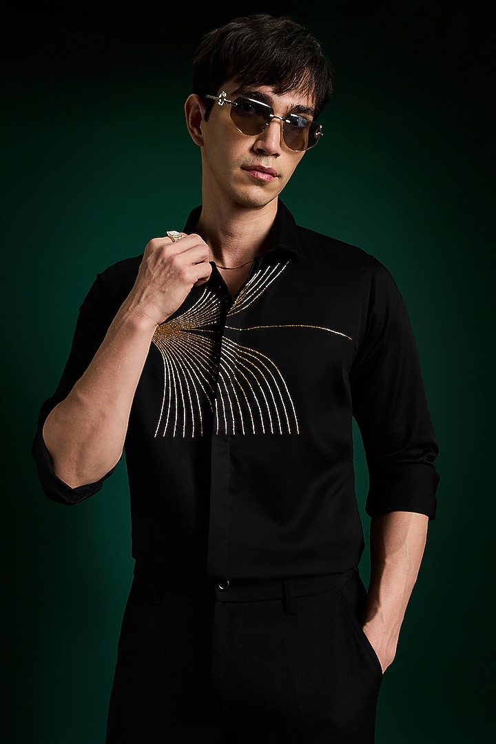 Black Stretch Cotton Satin Hand Embroidered Party Wear Shirt by Komal Kothari  at Pernia's Pop Up Shop