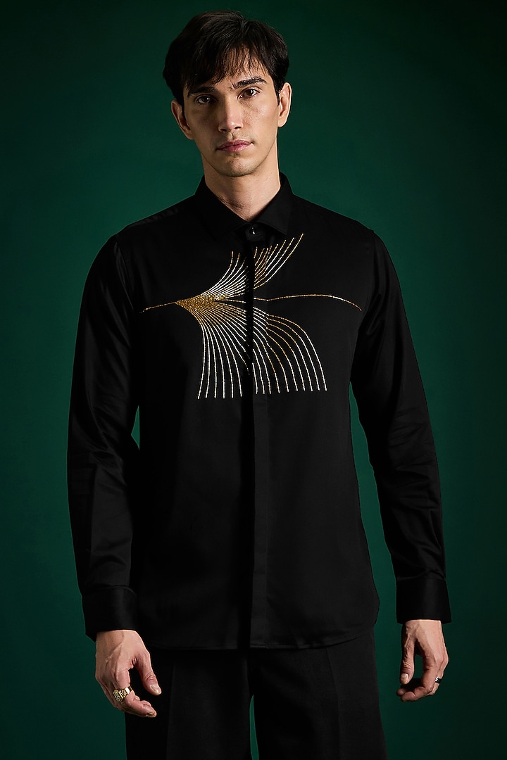 Black Stretch Cotton Satin Hand Embroidered Party Wear Shirt by Komal Kothari  at Pernia's Pop Up Shop