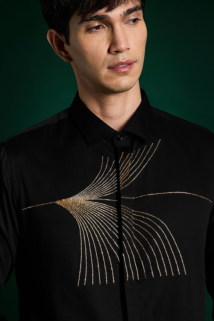 Black Stretch Cotton Satin Hand Embroidered Party Wear Shirt by Komal Kothari  at Pernia's Pop Up Shop
