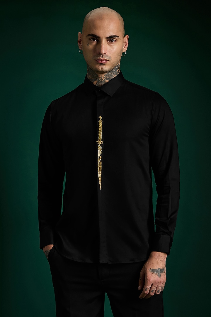 Black Stretch Cotton Satin Hand Embroidered Party Wear Shirt by Komal Kothari  at Pernia's Pop Up Shop