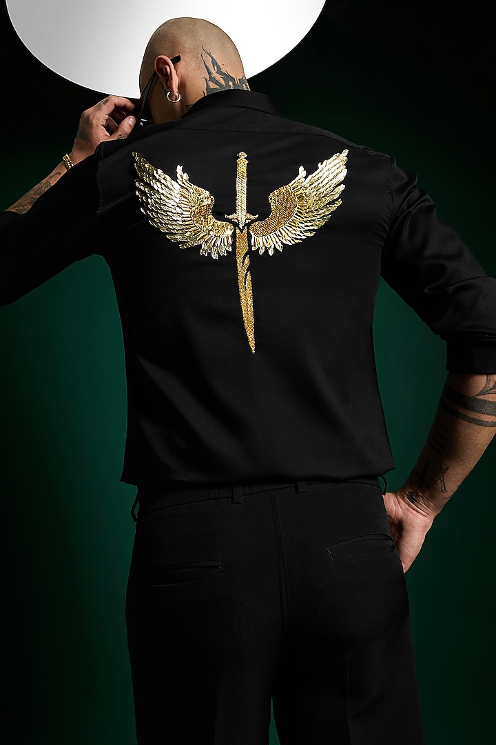 Black Stretch Cotton Satin Hand Embroidered Party Wear Shirt by Komal Kothari  at Pernia's Pop Up Shop