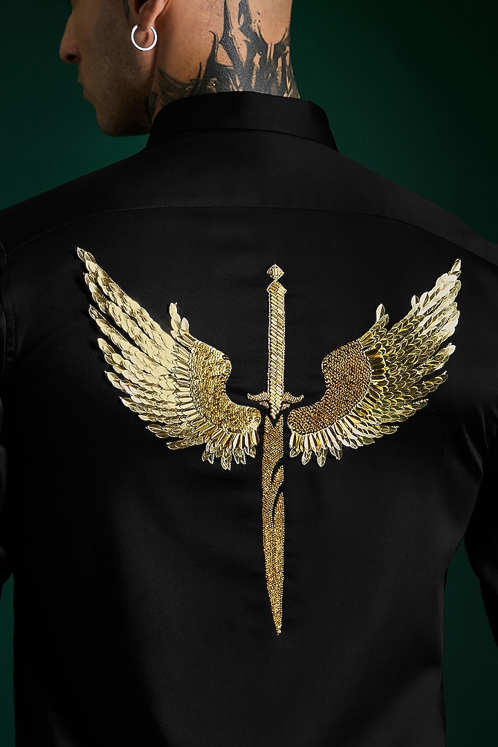 Black Stretch Cotton Satin Hand Embroidered Party Wear Shirt by Komal Kothari  at Pernia's Pop Up Shop