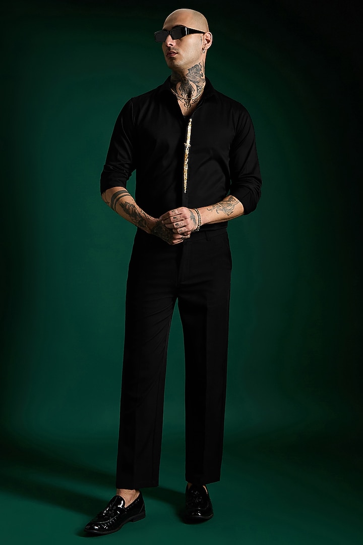 Black Stretch Cotton Satin Hand Embroidered Party Wear Shirt by Komal Kothari  at Pernia's Pop Up Shop