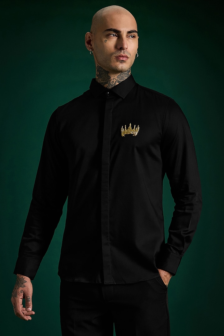 Black Stretch Cotton Satin Hand Embroidered Party Wear Shirt by Komal Kothari at Pernia's Pop Up Shop