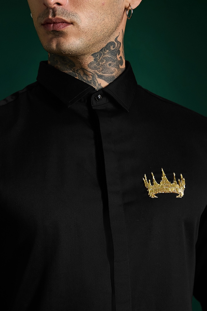 Black Stretch Cotton Satin Hand Embroidered Party Wear Shirt by Komal Kothari at Pernia's Pop Up Shop