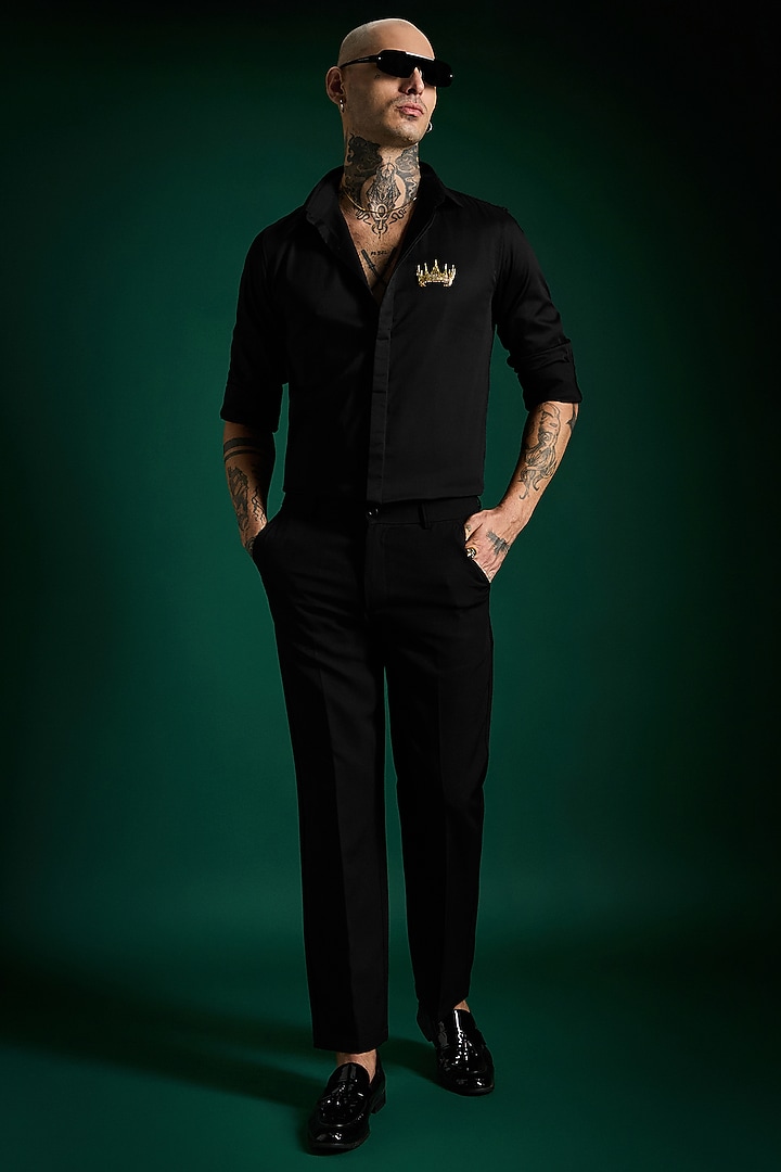 Black Stretch Cotton Satin Hand Embroidered Party Wear Shirt by Komal Kothari at Pernia's Pop Up Shop