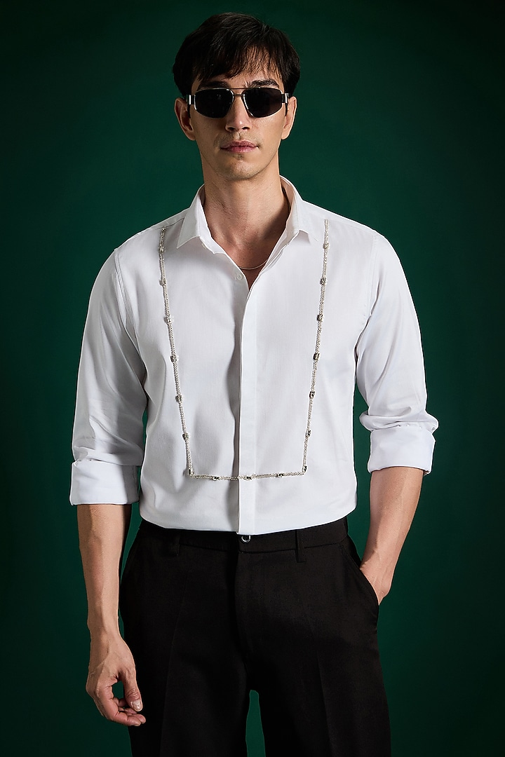 White Stretch Cotton Satin Hand Embroidered Party Wear Shirt by Komal Kothari at Pernia's Pop Up Shop